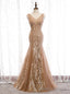 Khaki Mermaid Tulle Embroidery V Neck Beading Prom Dress