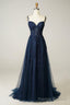 Navy Tulle and Lace Long Prom Dress, Lovely Spaghetti Strap Evening Dress