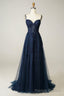 Navy Tulle and Lace Long Prom Dress, Lovely Spaghetti Strap Prom Dress