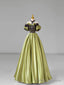 Green Satin Lace Long Prom Dress, Beautiful A-Line Evening Dress with Bow