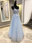 Blue Spaghetti Strap Tulle Long Prom Dress with Lace, A Line Prom Prom Dress