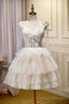 Champagne Lace Short Prom Dress, A Line Spaghetti Strap Prom Dress