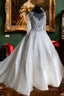 Lace Beaded Vintage Wedding Dress Long Sleeves Sheer Neck Bridal Dress Crystals Wedding Gowns Prom Dresses
