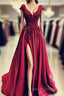 Lace Flowers Beaded Cap Sleeves V Neck Prom Dress Split Prom Gowns