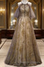 Lace Long Appliques Champagne Tulle Prom Dresses