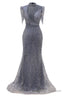 Lace Sequin Long Grey Prom Dresses High Neck Beaded Mermaid Long Prom Dresses