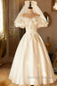 Lace Tea Length Bowknot White Satin Wedding Dress