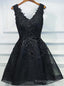 Lace V Neckline Short Black Lace Prom Dresses, Black Homecoming Dresses