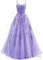 Lavender A Line Tulle with Lace Long Prom Dress, Straps Lavender Prom Dress