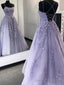 Lavender Applique Tulle Long Prom Dresses, Purple Lace Graduation Dresses Formal Gowns