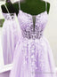 Lavender Lace Applique Tulle A Line Prom Dress, Floor Length Prom Gowns