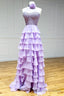 Lavender Long Tiered Prom Dress Ruffle High Neck With 3D Flower