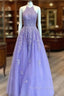 Lavender Prom Dresses, Princess Halter Long Dress Floor Length Lace Tulle Prom Dress With Appliqued Beading