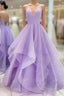 Lavender Tulle Long A-Line Prom Dress, Lavender Beautiful Spaghetti Strap Evening Dress