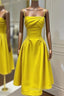Lemon Yellow Satin Midi Bridesmaid Dresses