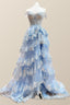Off the Shoulder Light Blue Appliques Tiered Prom Gown
