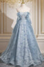 Light Blue A-Line Lace And Tulle Long Prom Dress, Blue Round Neckline Prom Dress