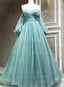 Light Blue A Line Long Sleeves Prom Dress with Lace, Sweetheart Long Prom Dress