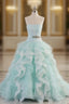 Light Blue A-Line Strapless Tulle Lace Prom Dresses Long Vintage Wedding Dresses