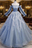 Light Blue Ball Gown Long Sleeves Beaded Party Dress, Light Blue Prom Dress