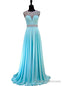 Light Blue Beaded Crystals Sheer Back African Chiffon Prom Dress