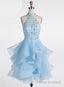 Light Blue Beaded Layers Knee Length Prom Dress, Blue Homecoming Dress Short Prom Dress