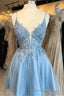 Light Blue Floral Lace Plunge Neck A Line Short Prom Dress