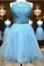 Light Blue Lace Appliques Short Homecoming Dress
