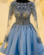 Light Blue Lace Long Sleeve Homecoming Dresses