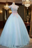 Light Blue Long Floral Tulle Sweet 16 Dress, Quinceanera Dress