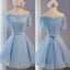 Light Blue Off Shoulder Half Sleeve Lace Appliques Lace Up Back Lovely Homecoming Dresses