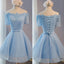Light Blue Off Shoulder Half Sleeve Lace Appliques Lace Up Back Lovely Homecoming Dress