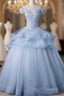 Light Blue Off Shoulder Lace Applique Ball Gown Prom Dresses Blue Sweet 16 Gown