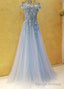 Light Blue Off Shoulder Long Prom Dress with Flowers, Tulle Blue Prom Dress