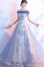Light Blue Off Shoulder Tulle With Lace Long Evening Dress Prom Dress, Blue Formal Dresses
