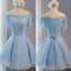 Light Blue off shoulder with short sleeve lace lovely homecoming Formal Prom Dress