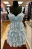 Light Blue Rosette Sequin Baby Doll Short Prom Dress