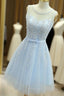 Light Blue Round Neckline Short Pretty Homecoming Dress Light Blue Wedding Prom Dress