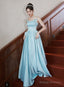 Light Blue Satin A-Line Long Straps Beaded Formal Dress, Blue Long Evening Dress