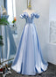 Light Blue Satin A Line Off Shoulder Long Formal Dress, Light Blue Prom Dress