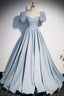 Light Blue Satin Long Prom Dress,A Line Short Sleeve Prom Dresses