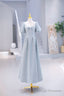 Light Blue Satin Long Prom Dress with Pearls, A Line Short Sleeve Prom Dress