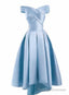 Light Blue Satin Off Shoulder High Low Prom Dress Homecoming Dresses, Short Prom Dress