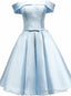 Light Blue Satin Off Shoulder Knee Length Homeoming Dress, Blue Short Prom Dress