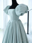 Light Blue Satin Open Back Lopng Prom Dress, Blue A Line Wedding Prom Dress