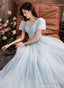 Light Blue Short Sleeves Beaded Tulle Long Prom Dresses A-Line Blue Prom Dress