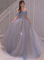 Light Blue Sweetheart Off Shoulder A-Line Long Prom Dress, Blue Beaded Evening Dress