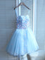 Light Blue Sweetheart Short Handmade Party Dress, Blue Flowers Homecoming Dress