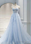 Light Blue Sweetheart Tulle with Lace Long Wedding Prom Dress, Blue Prom Dress