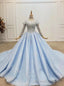 Light Blue Tuille High Neck Long Sleeve Beading Wedding Dress